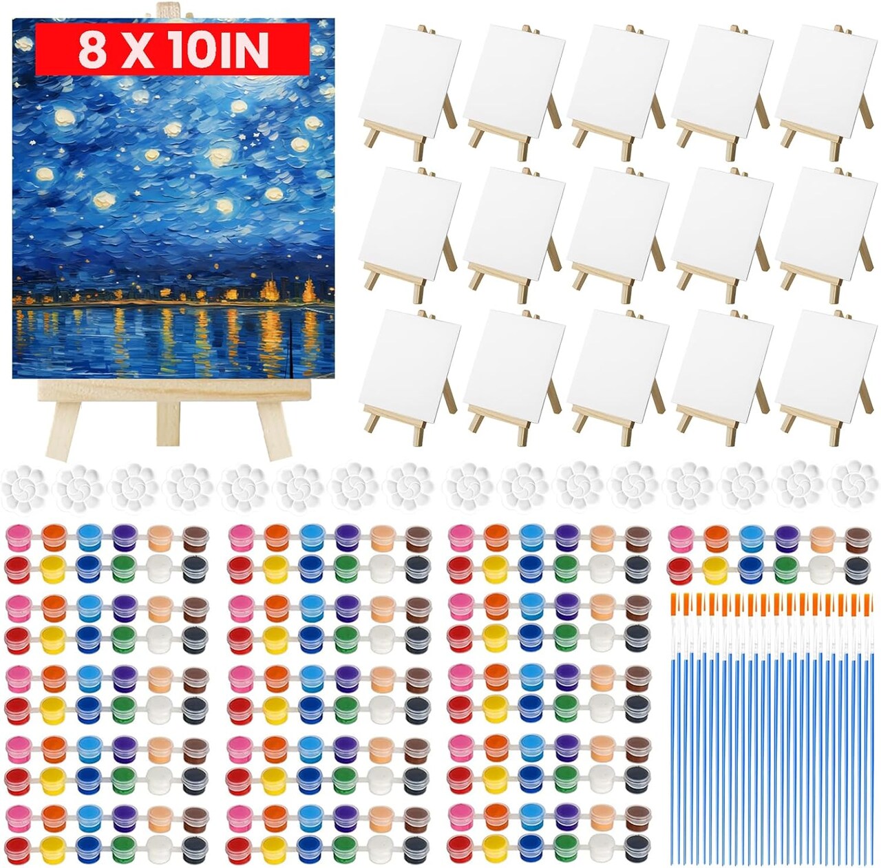 16 Pack Canvas and Easel Set for Party, 8x10in Canvas Painting Set with Wood Easels, Brushes, Paint Trays & Acrylic Paints, Paint Party Supplies Canvas Painting Kits for Adults & Kids